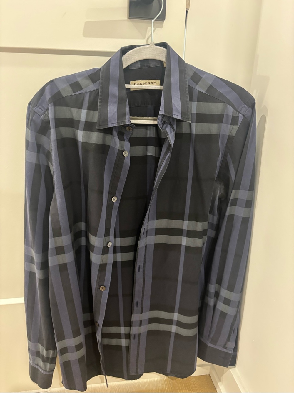 Burberry London  Men's Black and Ink blue  Plaid Dress Shirt